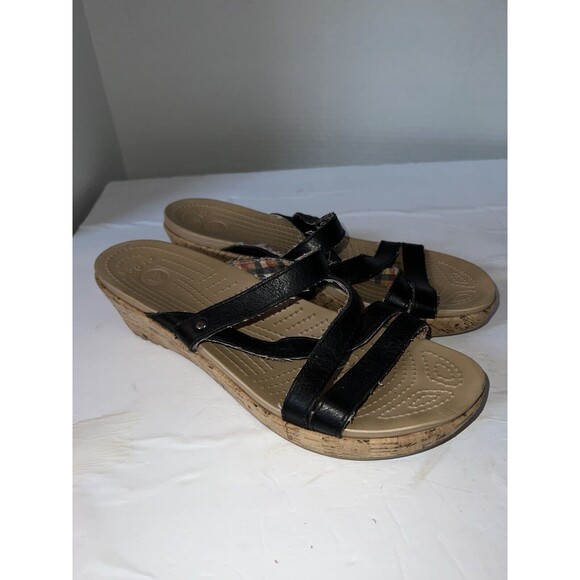 Crocs Sandals Womens size 10 Leigh Wedge Strappy Black Leather Cork open toe - Picture 7 of 9